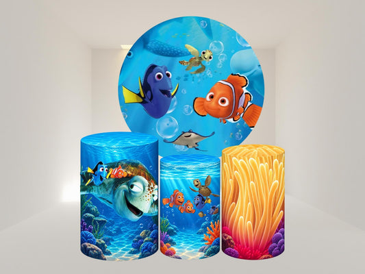 Fish Backdrop Covers + Cylinders Covers | Birthday Party Decor|Stretch Fabric Backdrop
