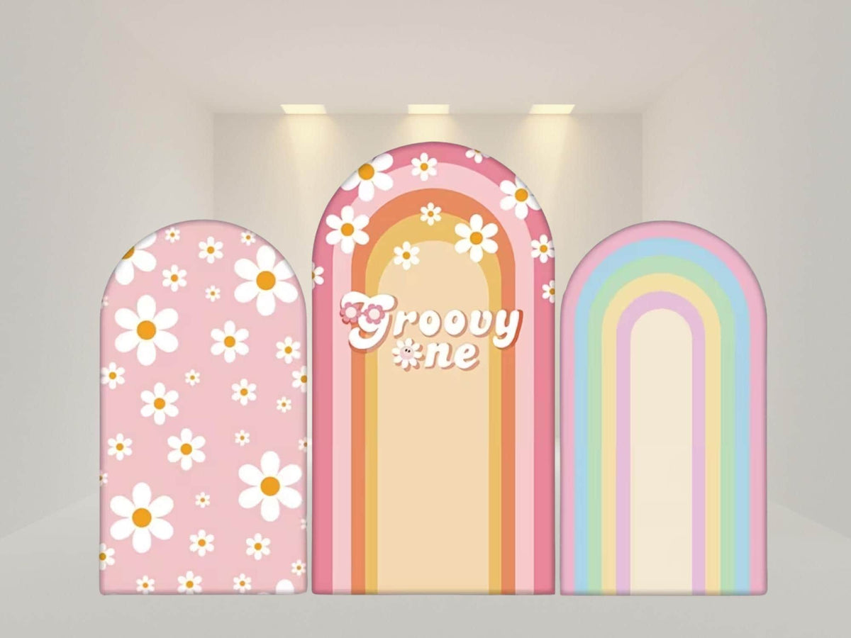 Groovy One Daisy Flower Rainbow Arch Backdrop Cover | Fabric Backdrop| Ship from USA|Stretch Fabric Backdrop